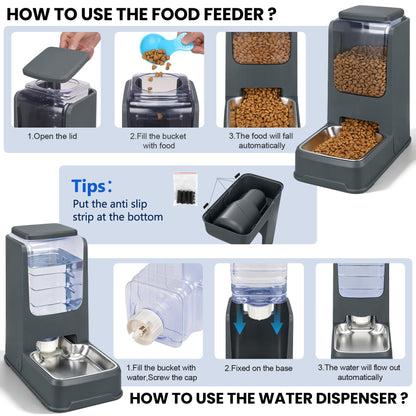 2 Pack Automatic Cat Feeder and Water Dispenser Set with Dog Stainless Steel Feed Bowl Pet Gravity Self Feeding and Waterer Large Capacity for Small Medium Large Dogs Puppy Kitten