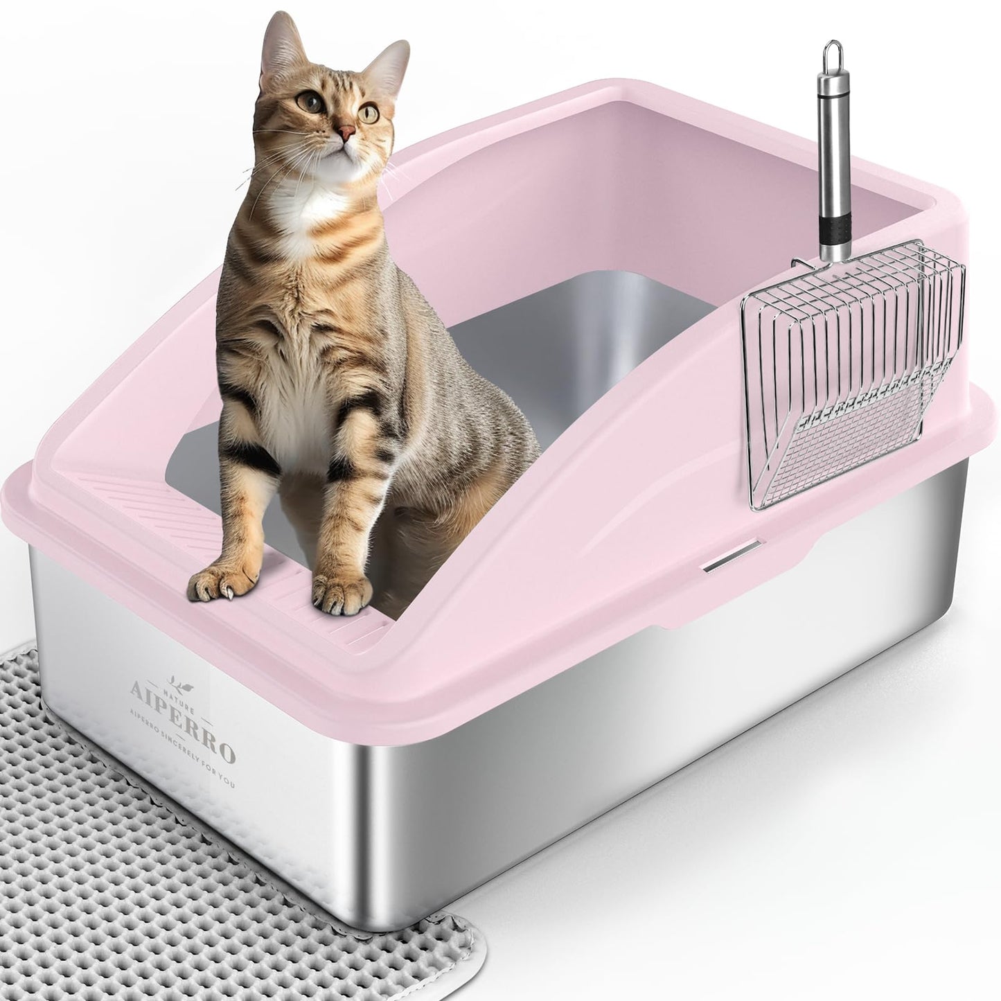 AIPERRO Stainless Steel Litter Box | XL Enclosed Cat Litter Boxs with Lid for Big Cats | High Sided, Anti-Urine Leakage | Non-Stick Bottom & Includes Litter Mat & Metal Scoop