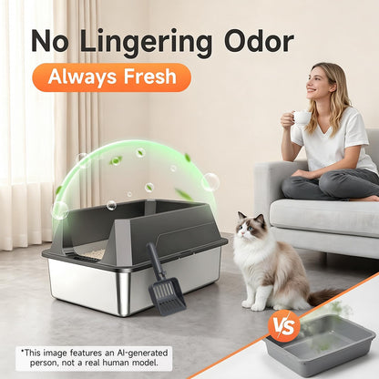 Tevila Stainless Steel Litter Box with High Sides, XL High Sided Cat Litter Pan, Open Top Extra Large Metal Cat Litter Box, Non-Stick, Odor Free, Leakproof, Scoop Included