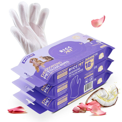 HICC PET Cleaning Deodorizing Glove Wipes for Dogs & Cats, Vet Recommended Hypoallergenic Hydrating & Nourish Fur Pet Grooming Glove Wipes