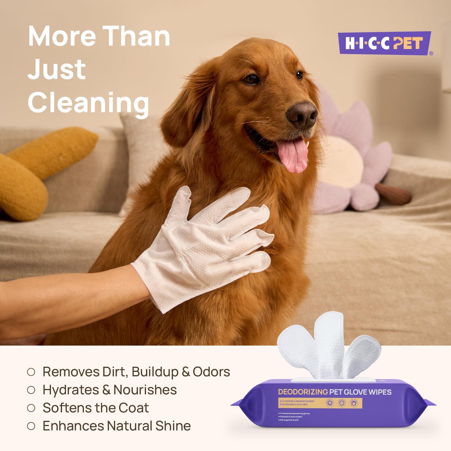 HICC PET Cleaning Deodorizing Glove Wipes for Dogs & Cats, Vet Recommended Hypoallergenic Hydrating & Nourish Fur Pet Grooming Glove Wipes