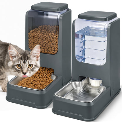 2 Pack Automatic Cat Feeder and Water Dispenser Set with Dog Stainless Steel Feed Bowl Pet Gravity Self Feeding and Waterer Large Capacity for Small Medium Large Dogs Puppy Kitten