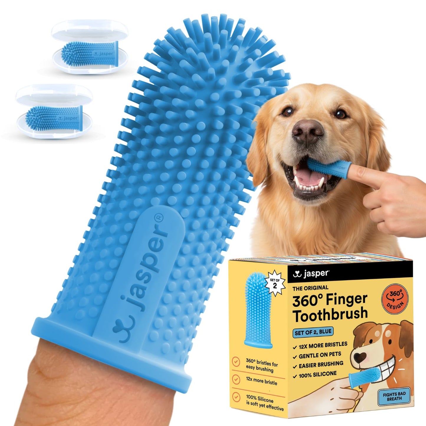 Jasper Dog Toothbrush, 360º Dog Tooth Brushing Kit, Cat Toothbrush, Dog Teeth Cleaning, Dog Finger Toothbrush, Dog Tooth Brush for Small & Large Pets, Dog Toothpaste Not Included