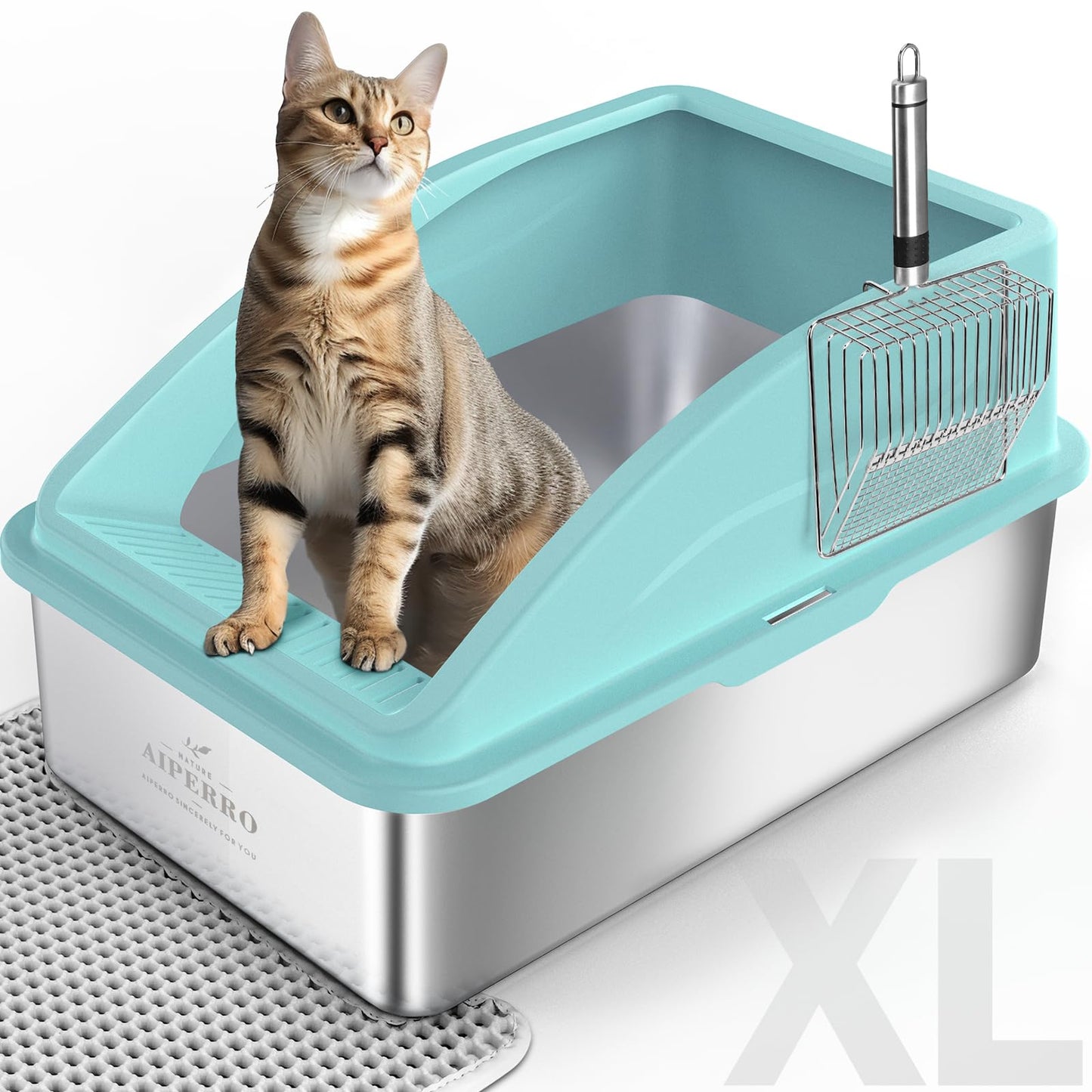 AIPERRO Stainless Steel Litter Box | XL Enclosed Cat Litter Boxs with Lid for Big Cats | High Sided, Anti-Urine Leakage | Non-Stick Bottom & Includes Litter Mat & Metal Scoop