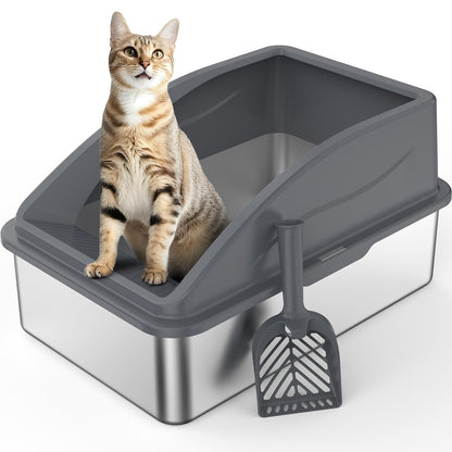 AIPERRO Stainless Steel Litter Box | XL Enclosed Cat Litter Boxs with Lid for Big Cats | High Sided, Anti-Urine Leakage | Non-Stick Bottom & Includes Litter Mat & Metal Scoop