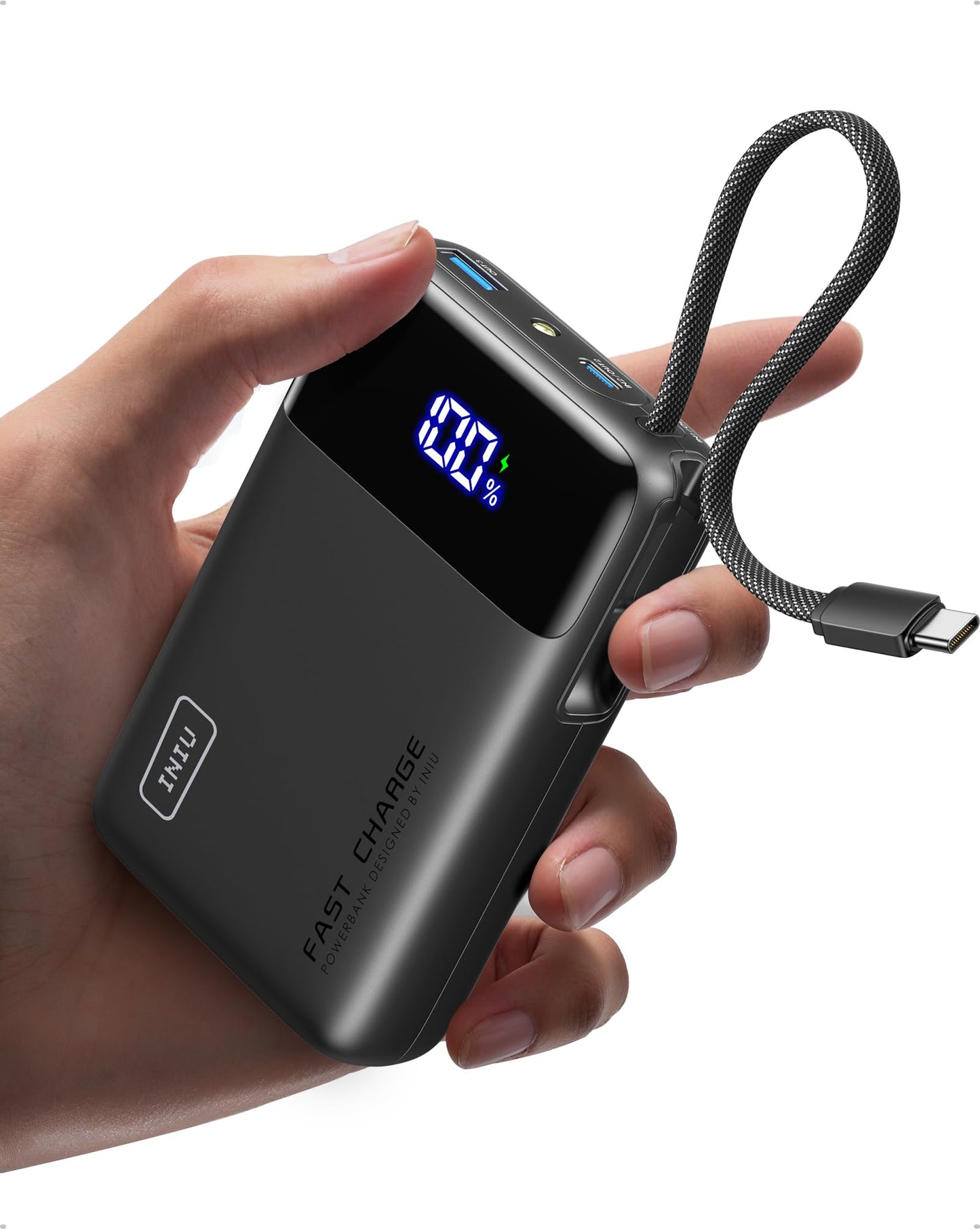 INIU 20000mAh Power Bank, Small 45W PD Fast Charging Portable Charger with Built-in USB C Cable, Flight-Safe Travel External Phone Battery Pack for iPhone 17 Pro Max Samsung S26 iPad etc, Glossy Black
