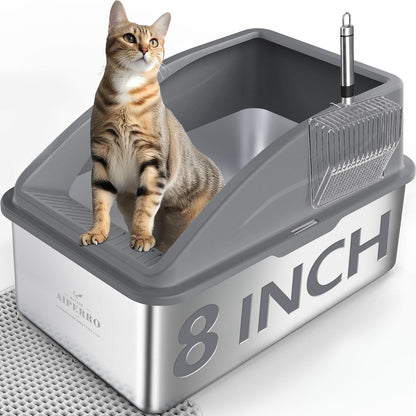 AIPERRO Stainless Steel Litter Box | XL Enclosed Cat Litter Boxs with Lid for Big Cats | High Sided, Anti-Urine Leakage | Non-Stick Bottom & Includes Litter Mat & Metal Scoop