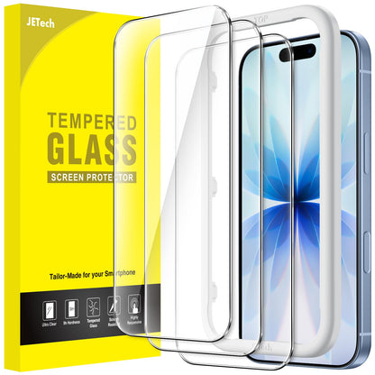 JETech Screen Protector for iPhone 17/16/15 Series, Tempered Glass Film with Easy Installation Tool, Case-Friendly, HD Clear, 3-Pack