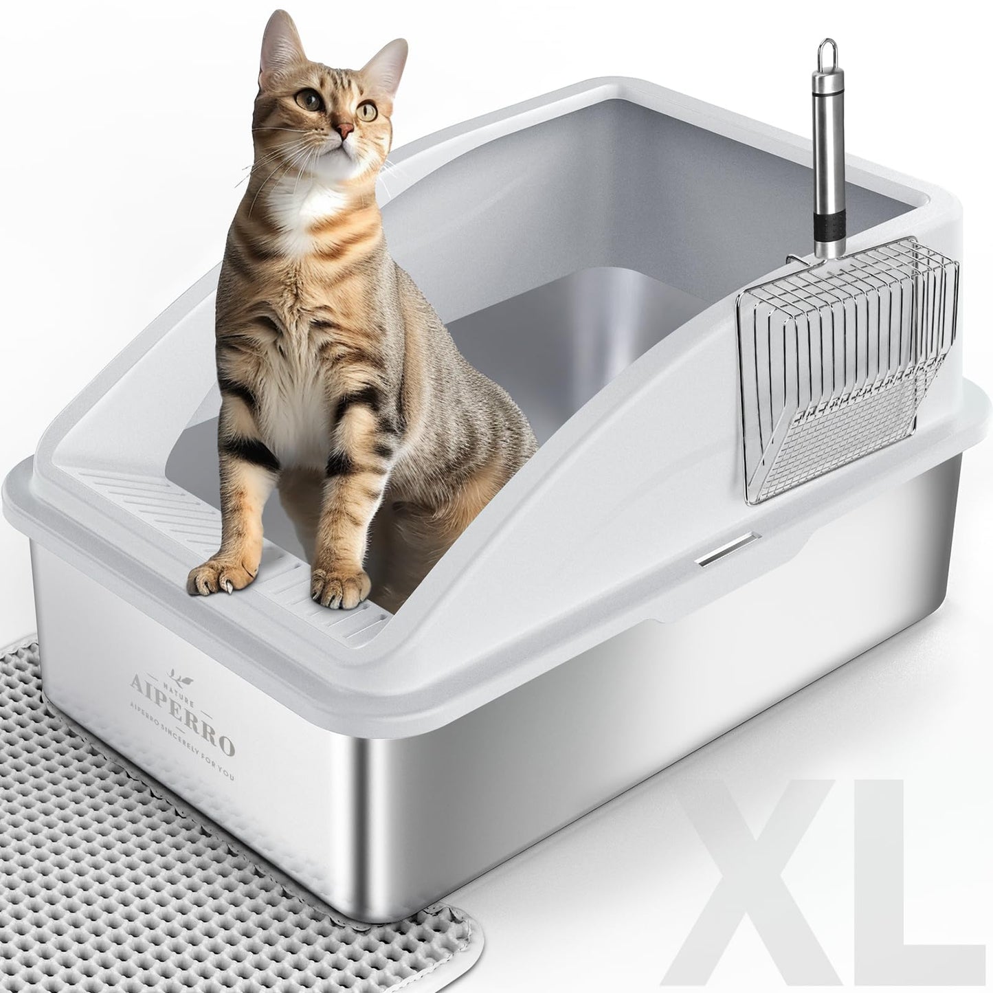 AIPERRO Stainless Steel Litter Box | XL Enclosed Cat Litter Boxs with Lid for Big Cats | High Sided, Anti-Urine Leakage | Non-Stick Bottom & Includes Litter Mat & Metal Scoop