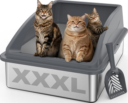 AIPERRO Stainless Steel Litter Box | XL Enclosed Cat Litter Boxs with Lid for Big Cats | High Sided, Anti-Urine Leakage | Non-Stick Bottom & Includes Litter Mat & Metal Scoop