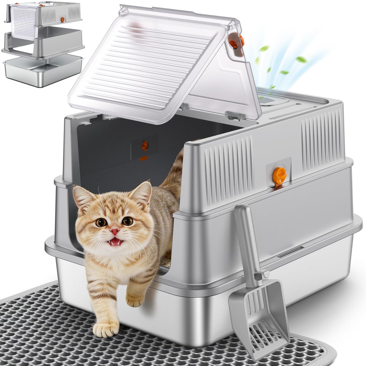 URPOWER Stainless Steel Cat Litter Box with Flip-Top Lid Extra Large Enclosed Litter Box Non-Sticky Metal Pan with High Sided & Scoop, Odor Free, Front & Top Entry, Anti-Leakage, Easy Cleaning