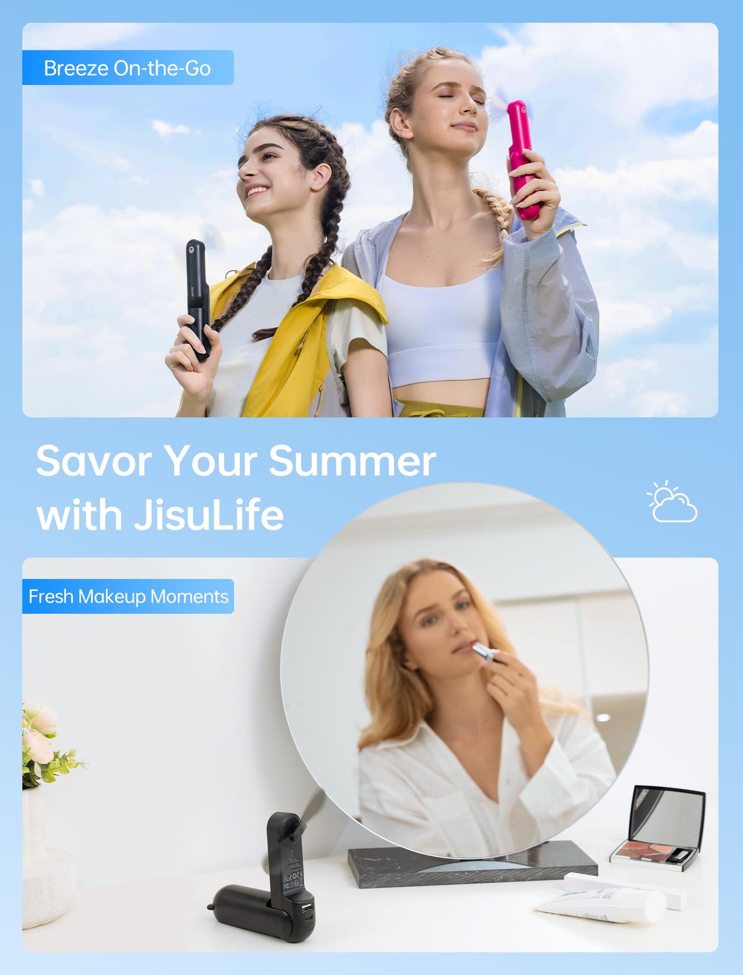 JISULIFE 3 IN 1 Handheld Mini Fan - Portable Fan & Power Bank & Flashlight, 19H Max Cooling, USB Rechargeable, Pocket-Sized for Travel, Cruise, Concerts, Makeup, 2026 Summer Gifts for Women