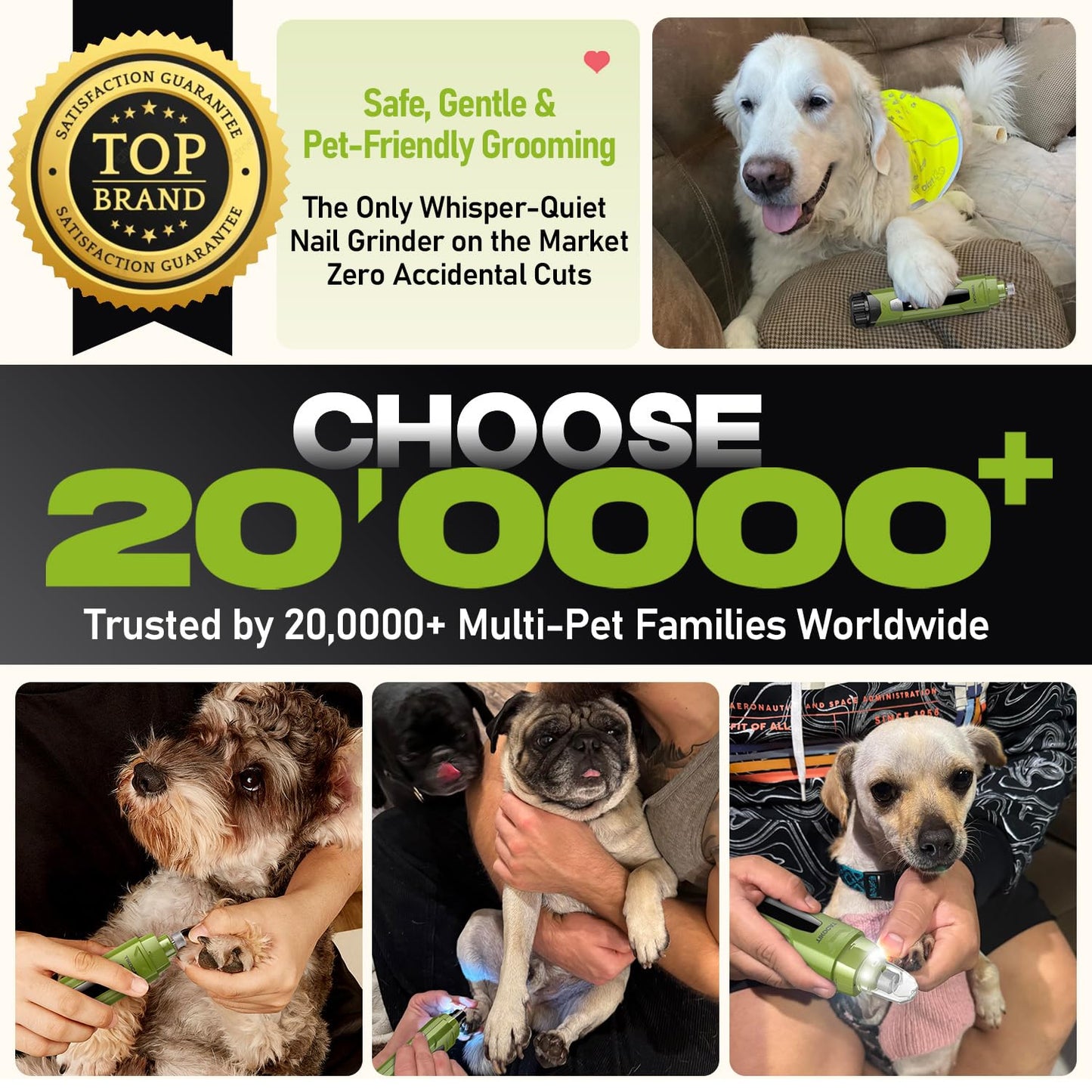 Whisper-Quiet Dog Nail Grinder, 50% More Powerful 6-Speed Pet Nail Trimmer with LED Display & 4 LED Lights, 3 Grinding Bits, No Over-Cutting, Stress-Free Grooming for Dogs, Cats & All Sensitive Pets