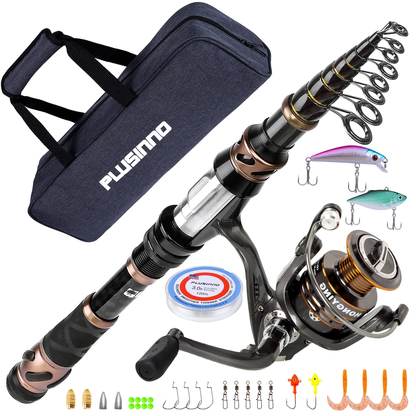 PLUSINNO Fishing Rod and Reel Combos - Carbon Fiber Telescopic Fishing Pole - Spinning Reel 12 +1 Shielded Bearings Stainless Steel BB