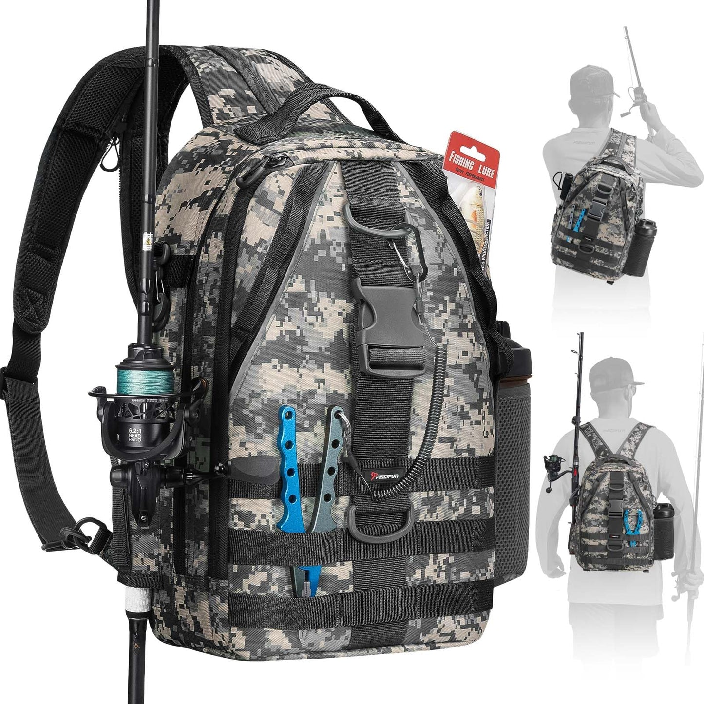 Piscifun Fishing Backpack with Rod Holder, Lightweight Sling Bag Storge Gear and Equipment