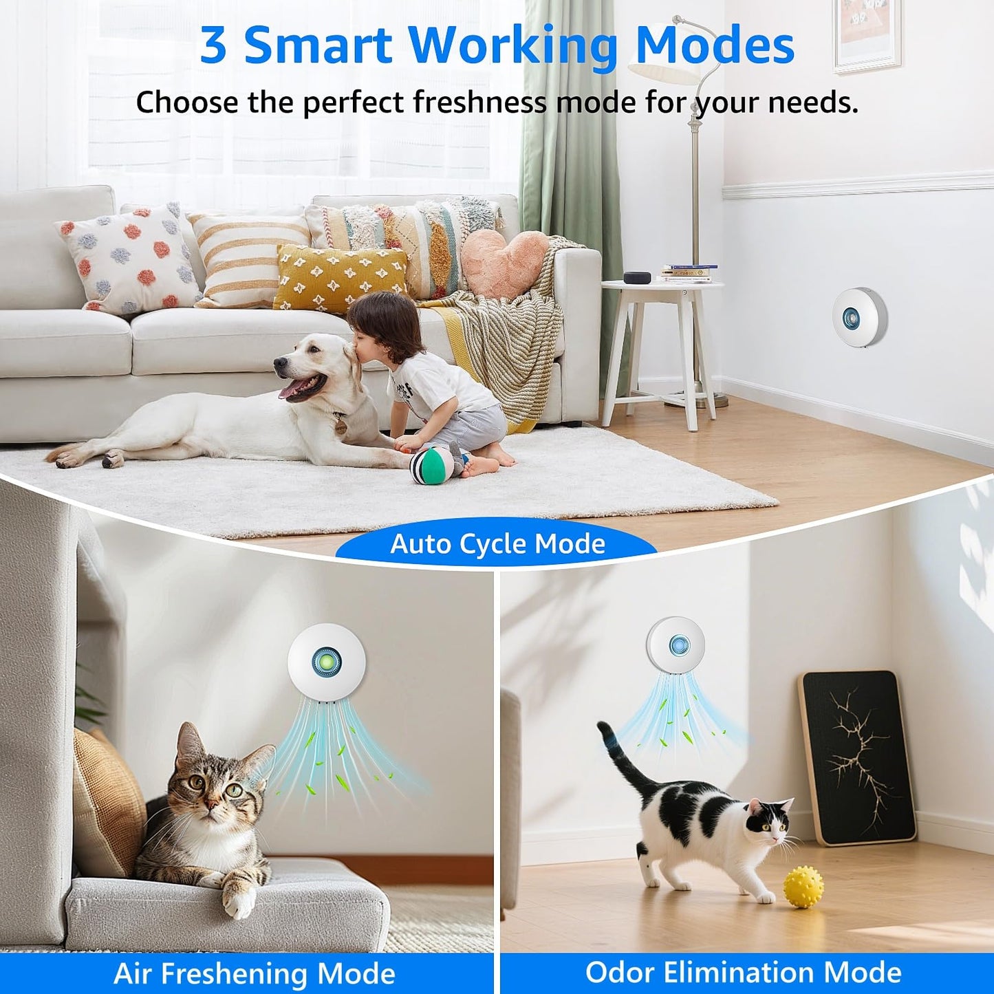 Cat Litter Deodorizer,Smart Pet Odor Eliminator with Sensor Monitor,Ultra-Quiet Air Purifier with 3 Modes,Multi-Purpose Plug in Air Fresheners for Home Use