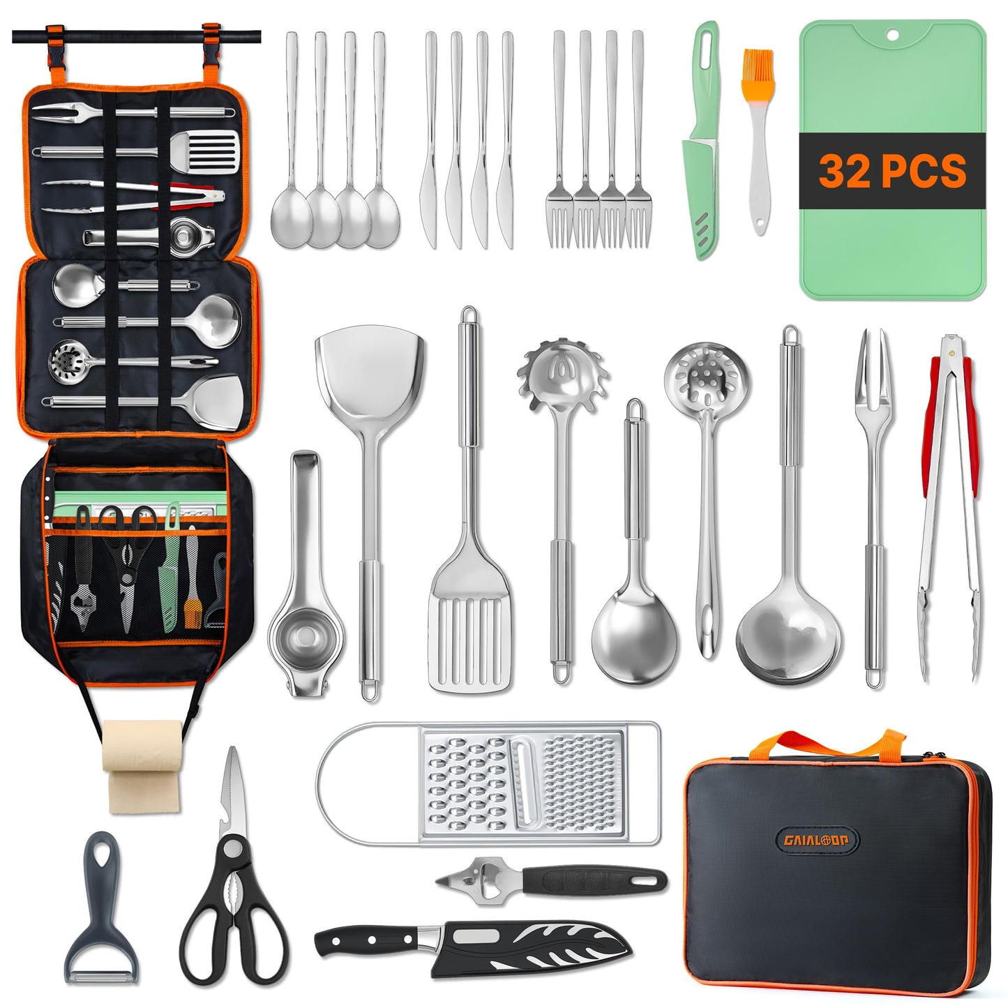 Gaialoop Portable Camping Cooking Utensils Set, Camp Kitchen Set with Organizer Bag, RV Essentials Outdoor Cooking Utensil Kit for Travel, Picnics, Camping, BBQs, Parties