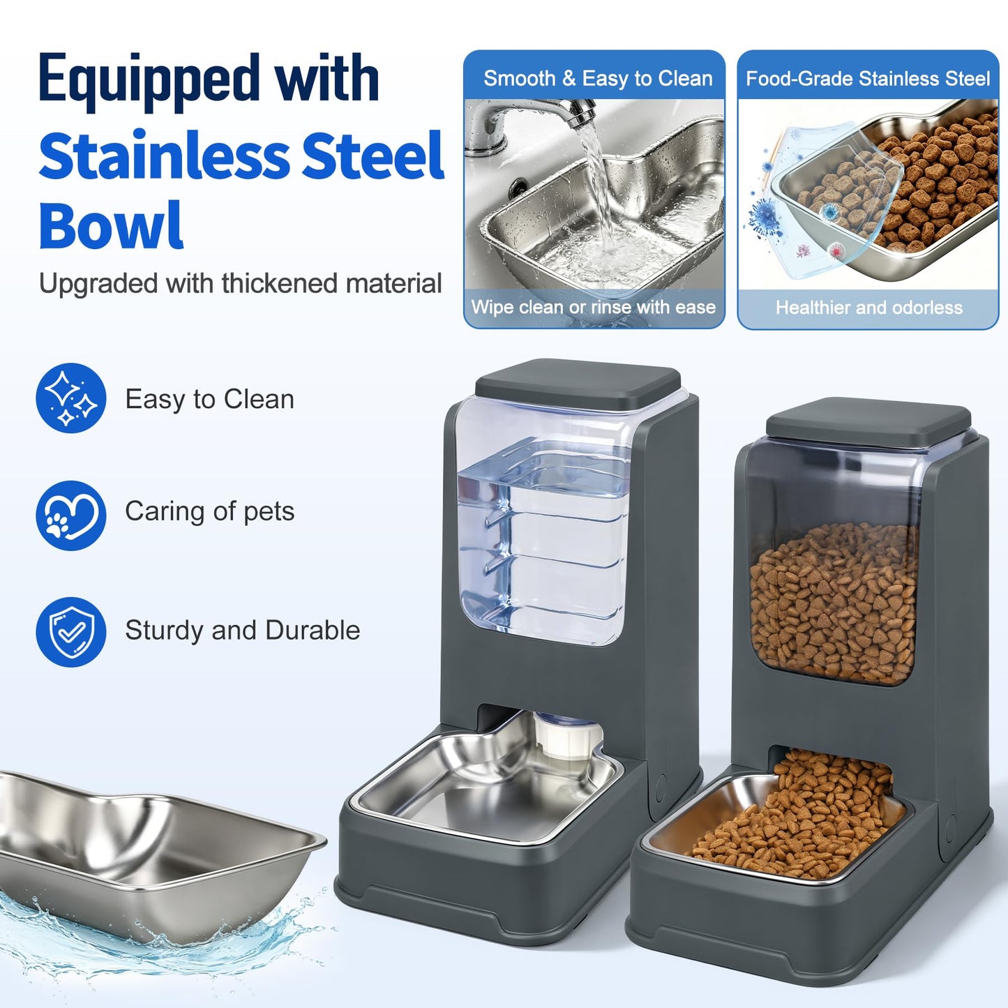 2 Pack Automatic Cat Feeder and Water Dispenser Set with Dog Stainless Steel Feed Bowl Pet Gravity Self Feeding and Waterer Large Capacity for Small Medium Large Dogs Puppy Kitten