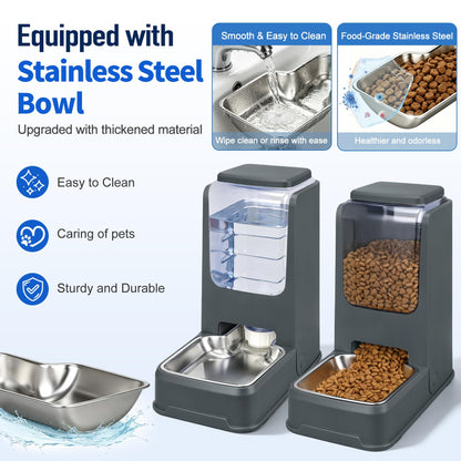 2 Pack Automatic Cat Feeder and Water Dispenser Set with Dog Stainless Steel Feed Bowl Pet Gravity Self Feeding and Waterer Large Capacity for Small Medium Large Dogs Puppy Kitten