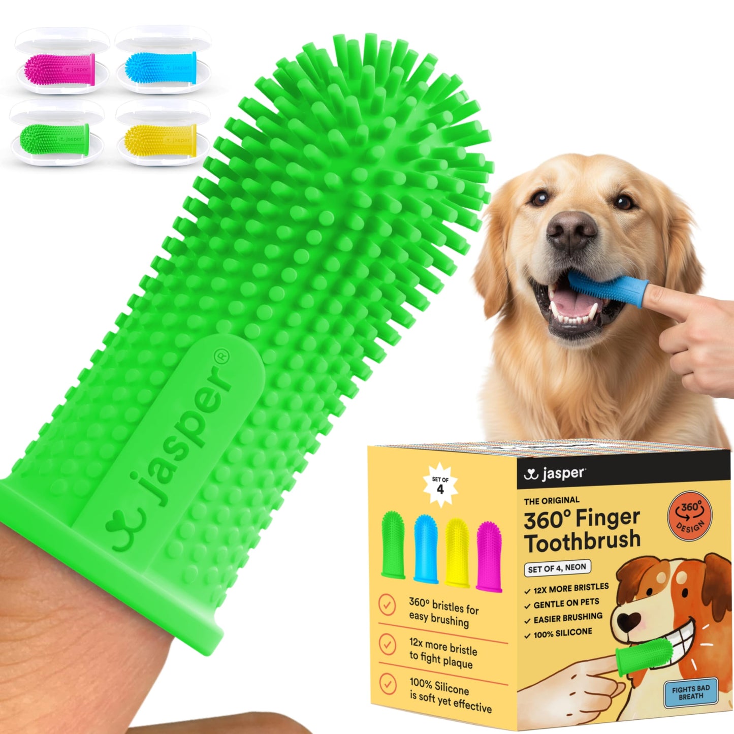 Jasper Dog Toothbrush, 360º Dog Tooth Brushing Kit, Cat Toothbrush, Dog Teeth Cleaning, Dog Finger Toothbrush, Dog Tooth Brush for Small & Large Pets, Dog Toothpaste Not Included