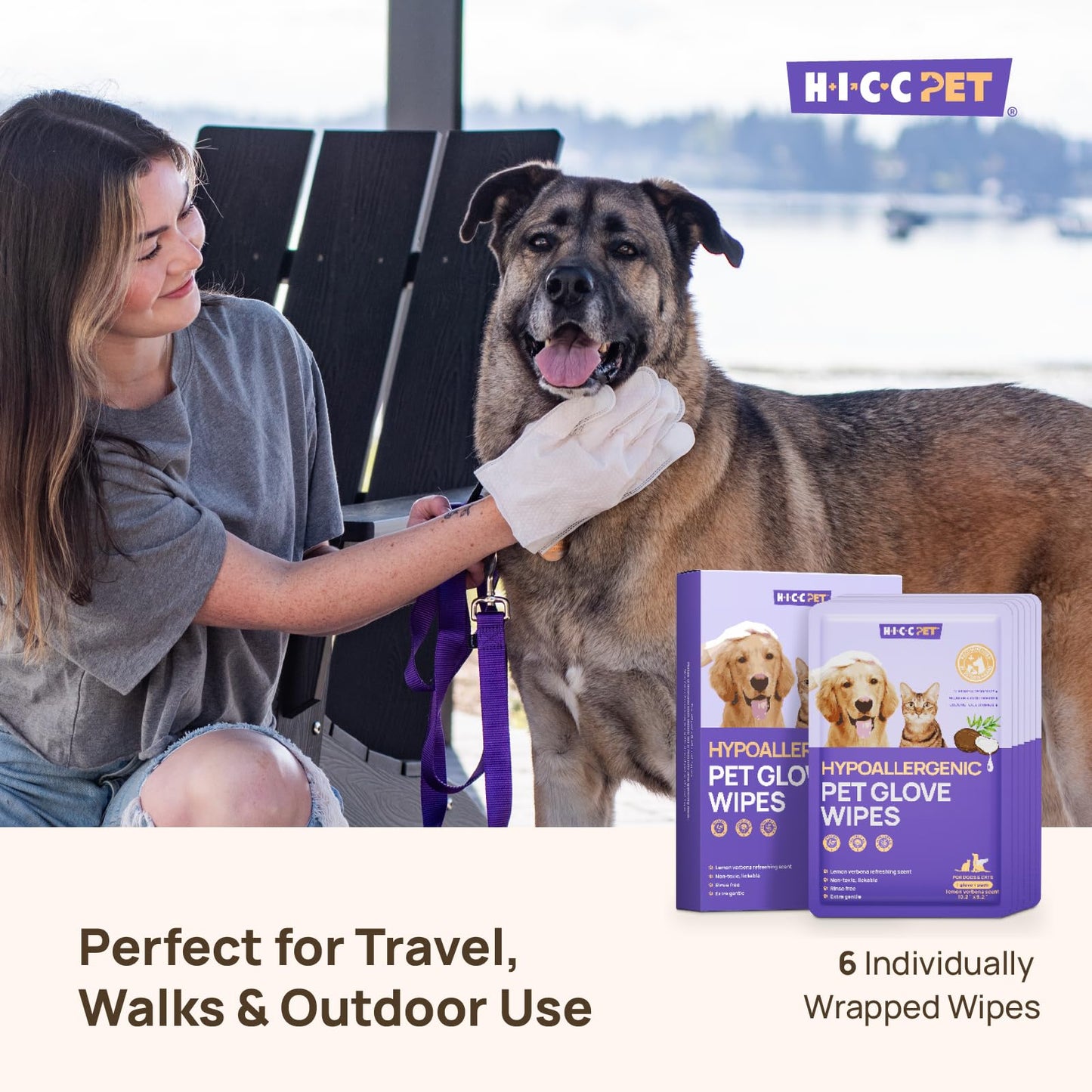 HICC PET Cleaning Deodorizing Glove Wipes for Dogs & Cats, Vet Recommended Hypoallergenic Hydrating & Nourish Fur Pet Grooming Glove Wipes