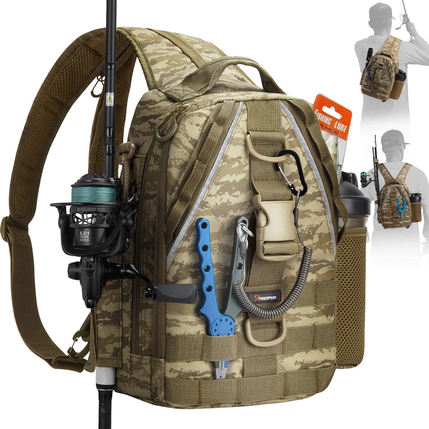 Piscifun Fishing Backpack with Rod Holder, Lightweight Sling Bag Storge Gear and Equipment