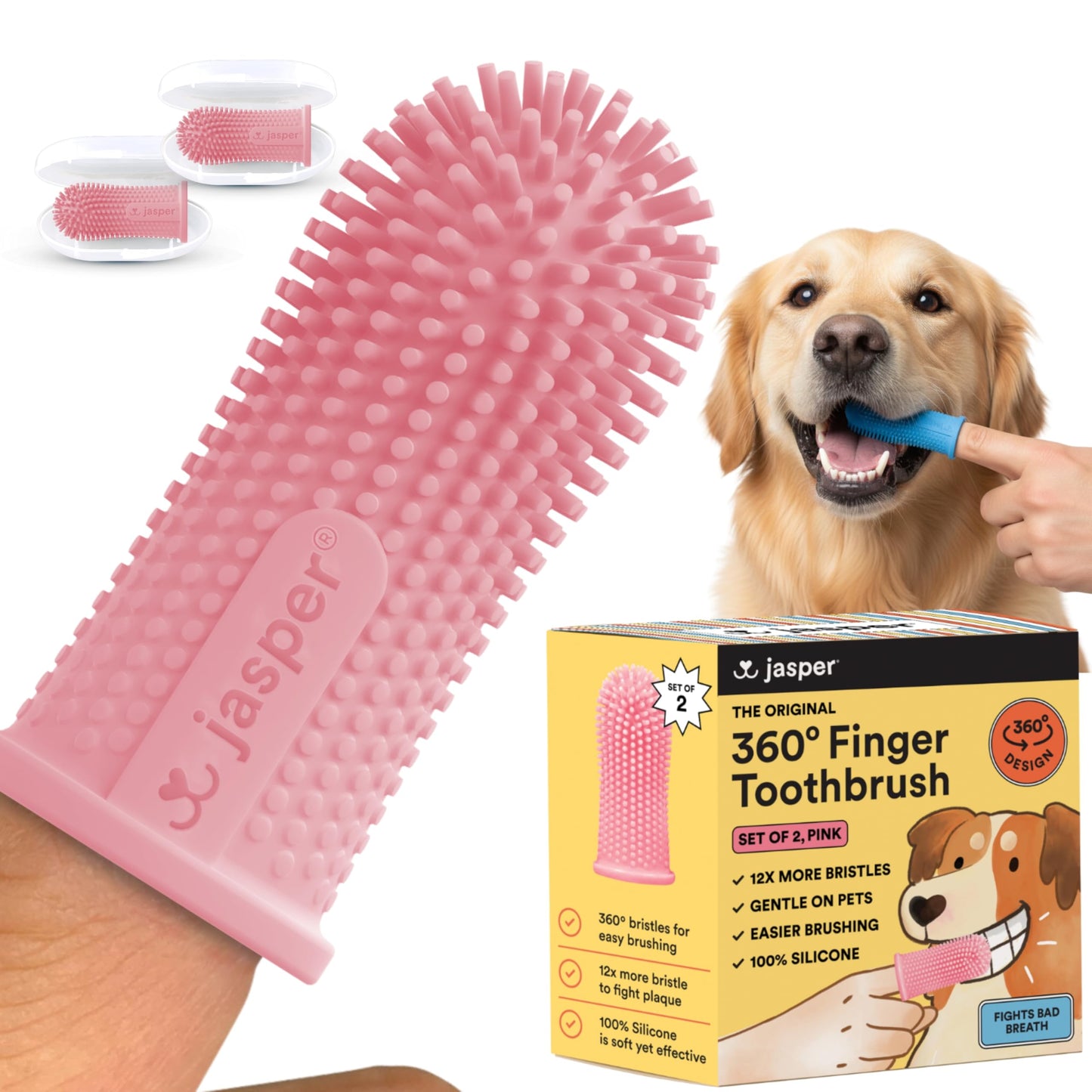 Jasper Dog Toothbrush, 360º Dog Tooth Brushing Kit, Cat Toothbrush, Dog Teeth Cleaning, Dog Finger Toothbrush, Dog Tooth Brush for Small & Large Pets, Dog Toothpaste Not Included