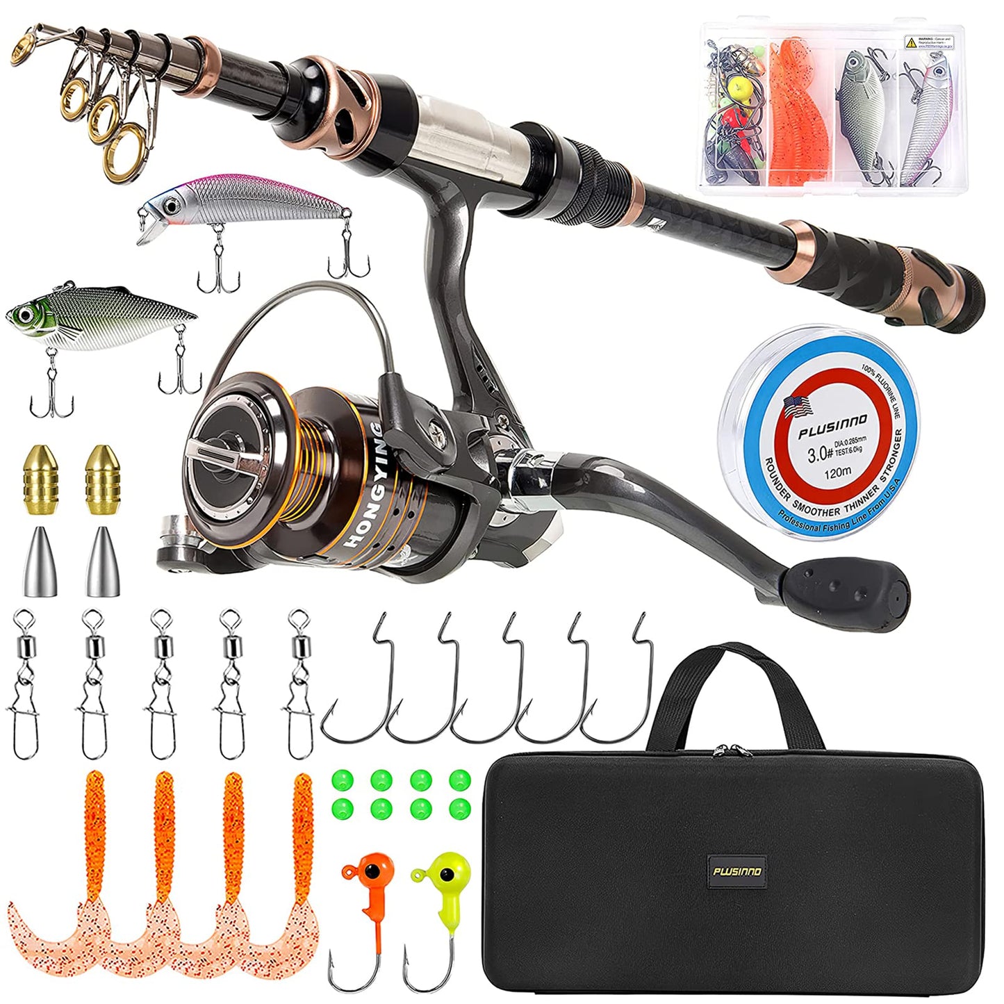 PLUSINNO Fishing Rod and Reel Combos - Carbon Fiber Telescopic Fishing Pole - Spinning Reel 12 +1 Shielded Bearings Stainless Steel BB