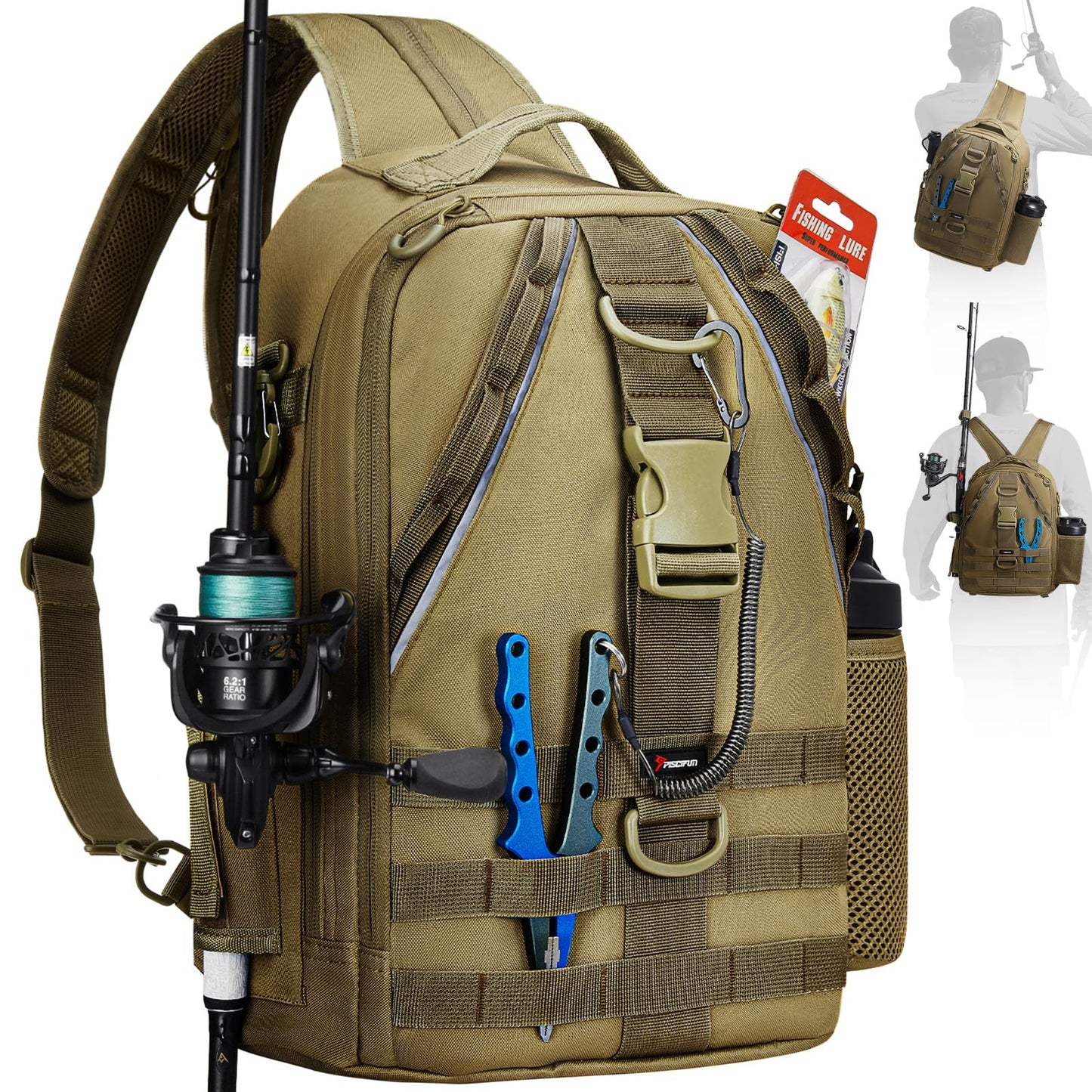 Piscifun Fishing Backpack with Rod Holder, Lightweight Sling Bag Storge Gear and Equipment