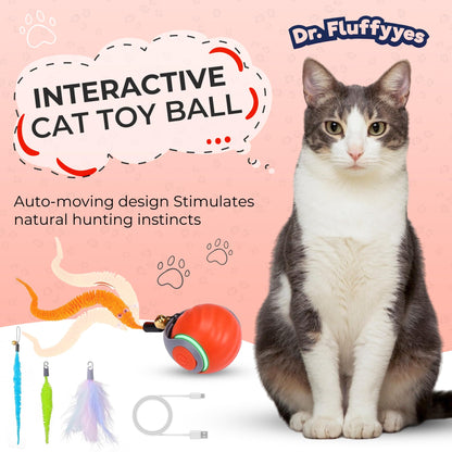 Dr. Fluffyyes Interactive Cat Toy Ball – Motion-Activated, USB Rechargeable Ball with Anti-Scratch Cover & 2 Changeable Tails – Fun Indoor Enrichment Toy for Active Cats & Kittens