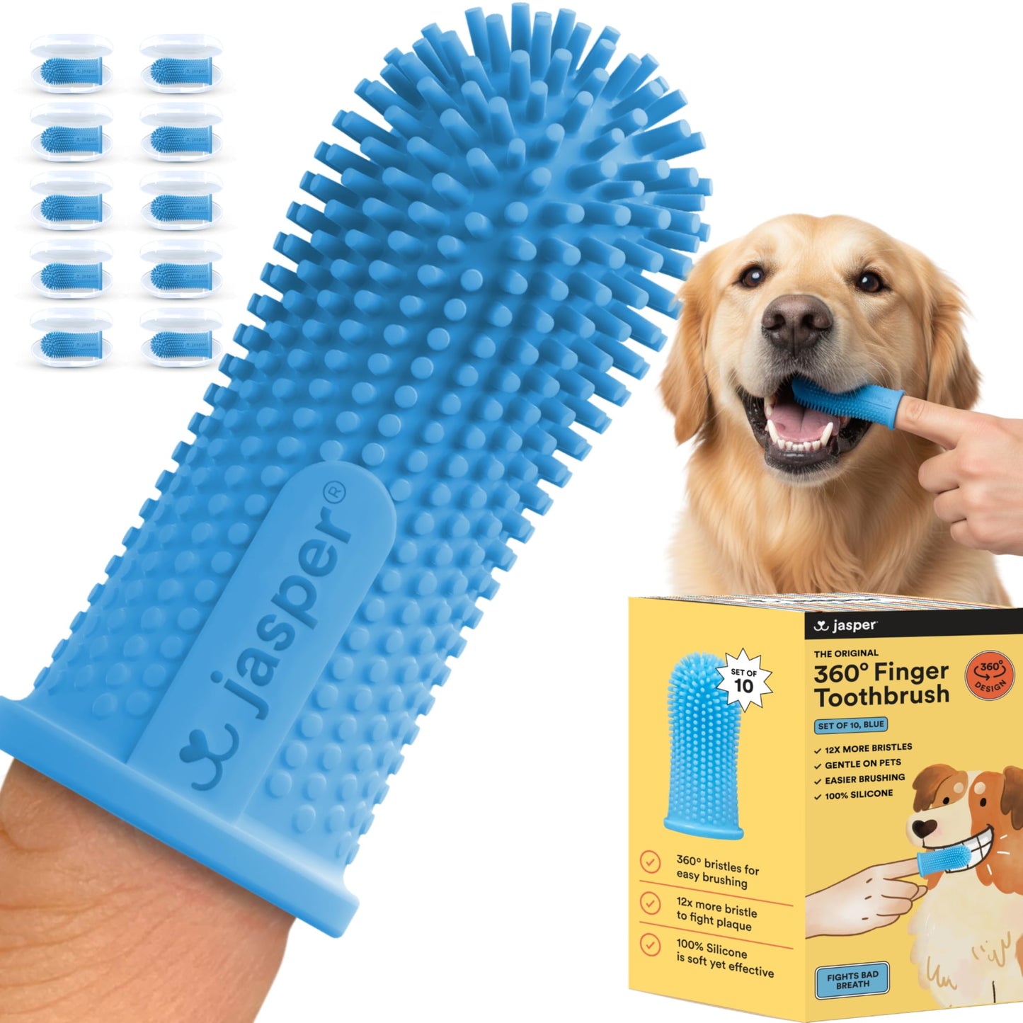 Jasper Dog Toothbrush, 360º Dog Tooth Brushing Kit, Cat Toothbrush, Dog Teeth Cleaning, Dog Finger Toothbrush, Dog Tooth Brush for Small & Large Pets, Dog Toothpaste Not Included