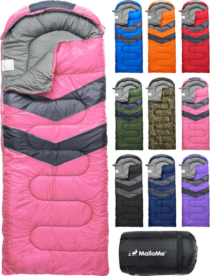 MalloMe Sleeping Bags for Adults Cold Weather & Warm - Backpacking Camping Sleeping Bag for Kids, Girls, Boys - Lightweight Camping Essentials Gear Accessories Hiking Sleep Must Haves Single & Double