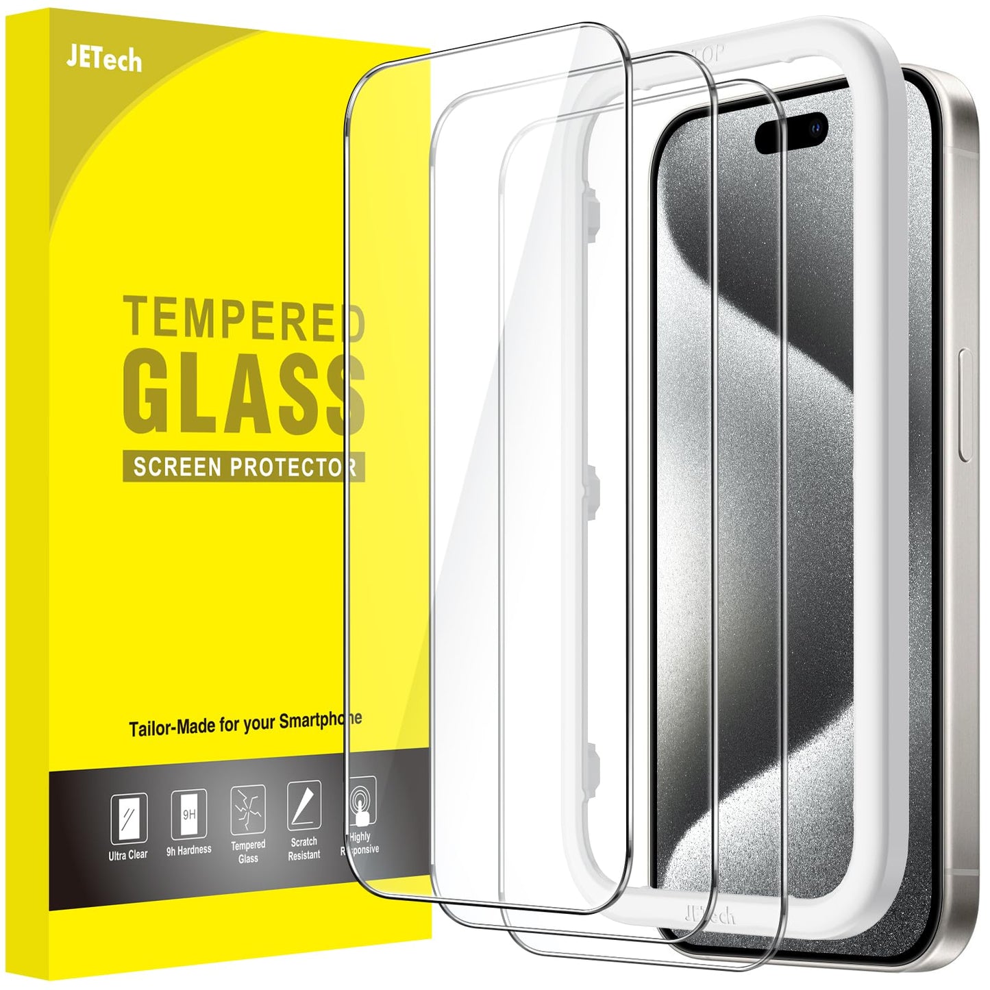 JETech Screen Protector for iPhone 17/16/15 Series, Tempered Glass Film with Easy Installation Tool, Case-Friendly, HD Clear, 3-Pack