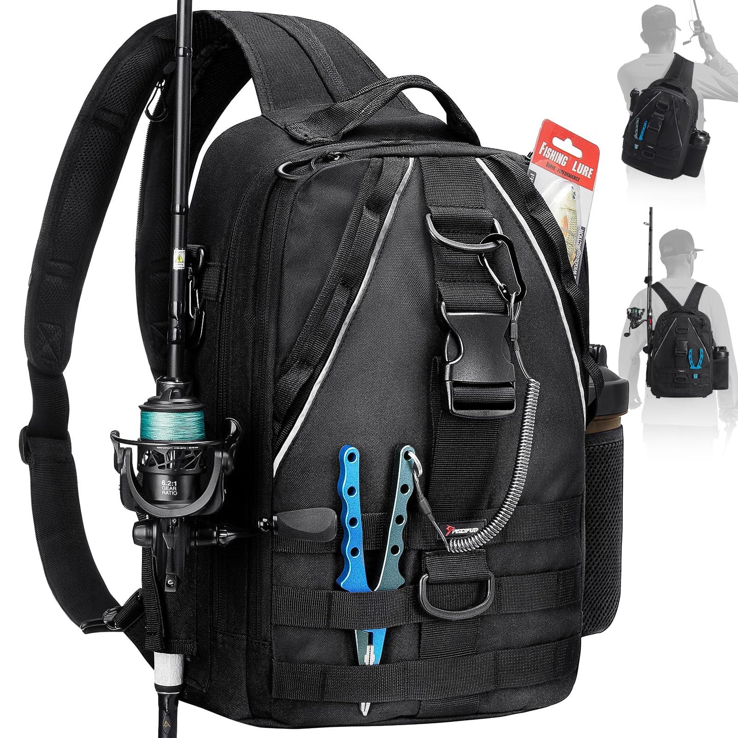Piscifun Fishing Backpack with Rod Holder, Lightweight Sling Bag Storge Gear and Equipment