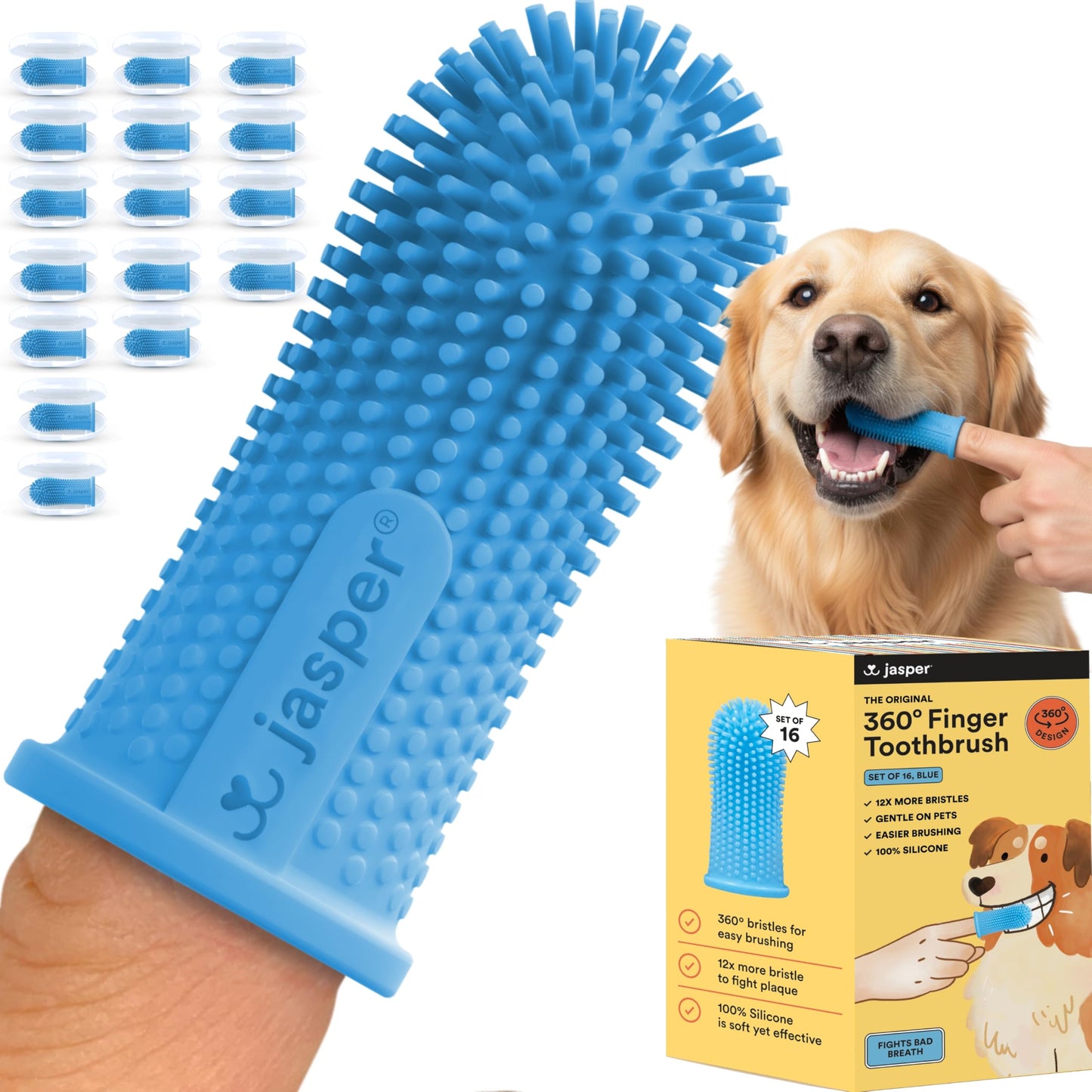 Jasper Dog Toothbrush, 360º Dog Tooth Brushing Kit, Cat Toothbrush, Dog Teeth Cleaning, Dog Finger Toothbrush, Dog Tooth Brush for Small & Large Pets, Dog Toothpaste Not Included
