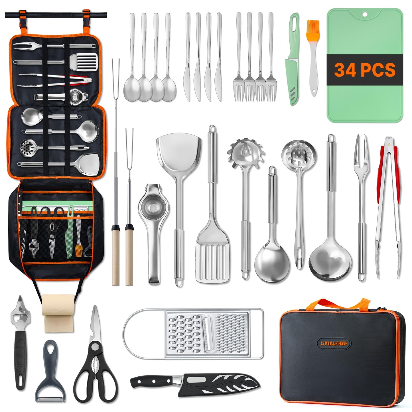 Gaialoop Portable Camping Cooking Utensils Set, Camp Kitchen Set with Organizer Bag, RV Essentials Outdoor Cooking Utensil Kit for Travel, Picnics, Camping, BBQs, Parties