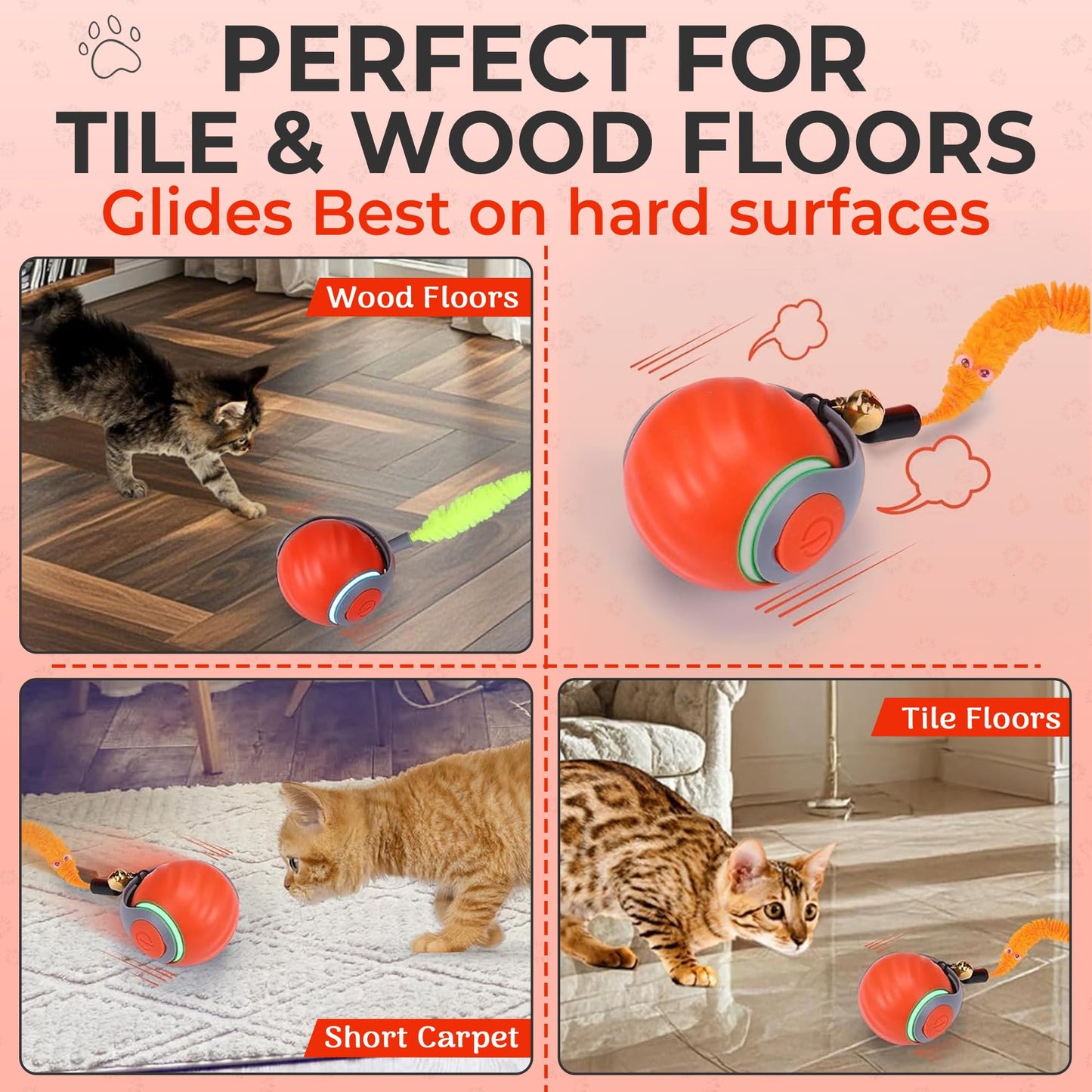 Dr. Fluffyyes Interactive Cat Toy Ball – Motion-Activated, USB Rechargeable Ball with Anti-Scratch Cover & 2 Changeable Tails – Fun Indoor Enrichment Toy for Active Cats & Kittens