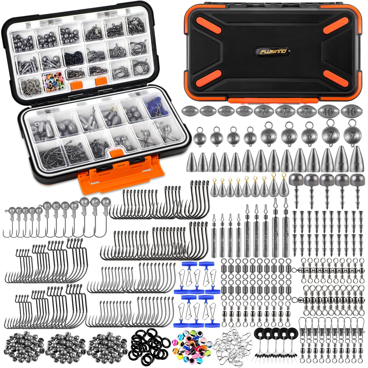 PLUSINNO Fishing Accessories Kit, Organized Fishing Tackle Box with Tackle Included, Fishing Hooks, Fishing Weights Sinkers, Swivels, Beads, Fishing Gear Set Equipment for Bass Trout