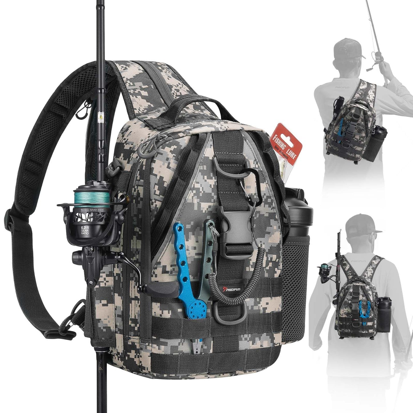 Piscifun Fishing Backpack with Rod Holder, Lightweight Sling Bag Storge Gear and Equipment