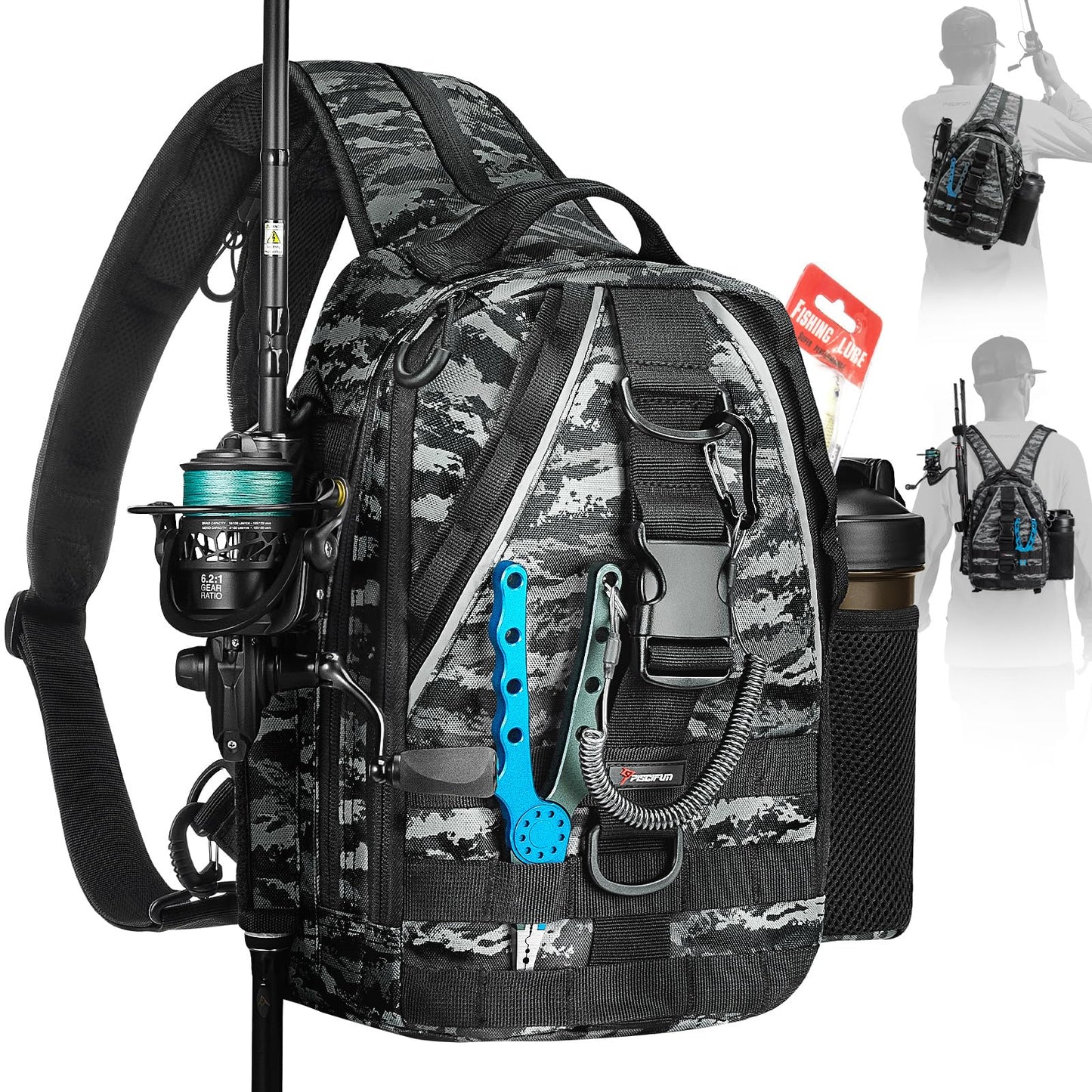 Piscifun Fishing Backpack with Rod Holder, Lightweight Sling Bag Storge Gear and Equipment