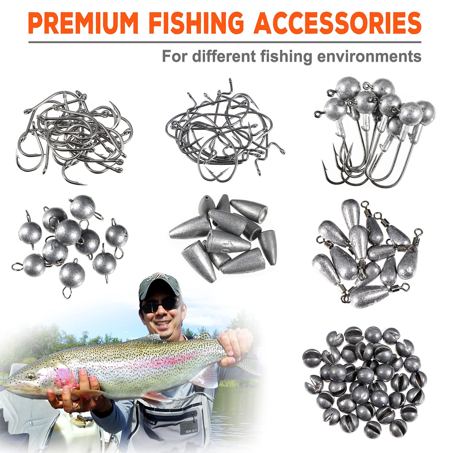 PLUSINNO Fishing Accessories Kit, Organized Fishing Tackle Box with Tackle Included, Fishing Hooks, Fishing Weights Sinkers, Swivels, Beads, Fishing Gear Set Equipment for Bass Trout