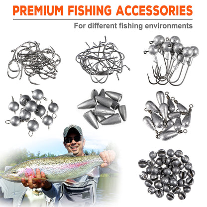 PLUSINNO Fishing Accessories Kit, Organized Fishing Tackle Box with Tackle Included, Fishing Hooks, Fishing Weights Sinkers, Swivels, Beads, Fishing Gear Set Equipment for Bass Trout