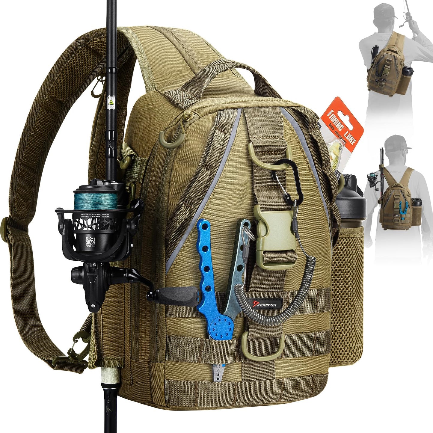 Piscifun Fishing Backpack with Rod Holder, Lightweight Sling Bag Storge Gear and Equipment