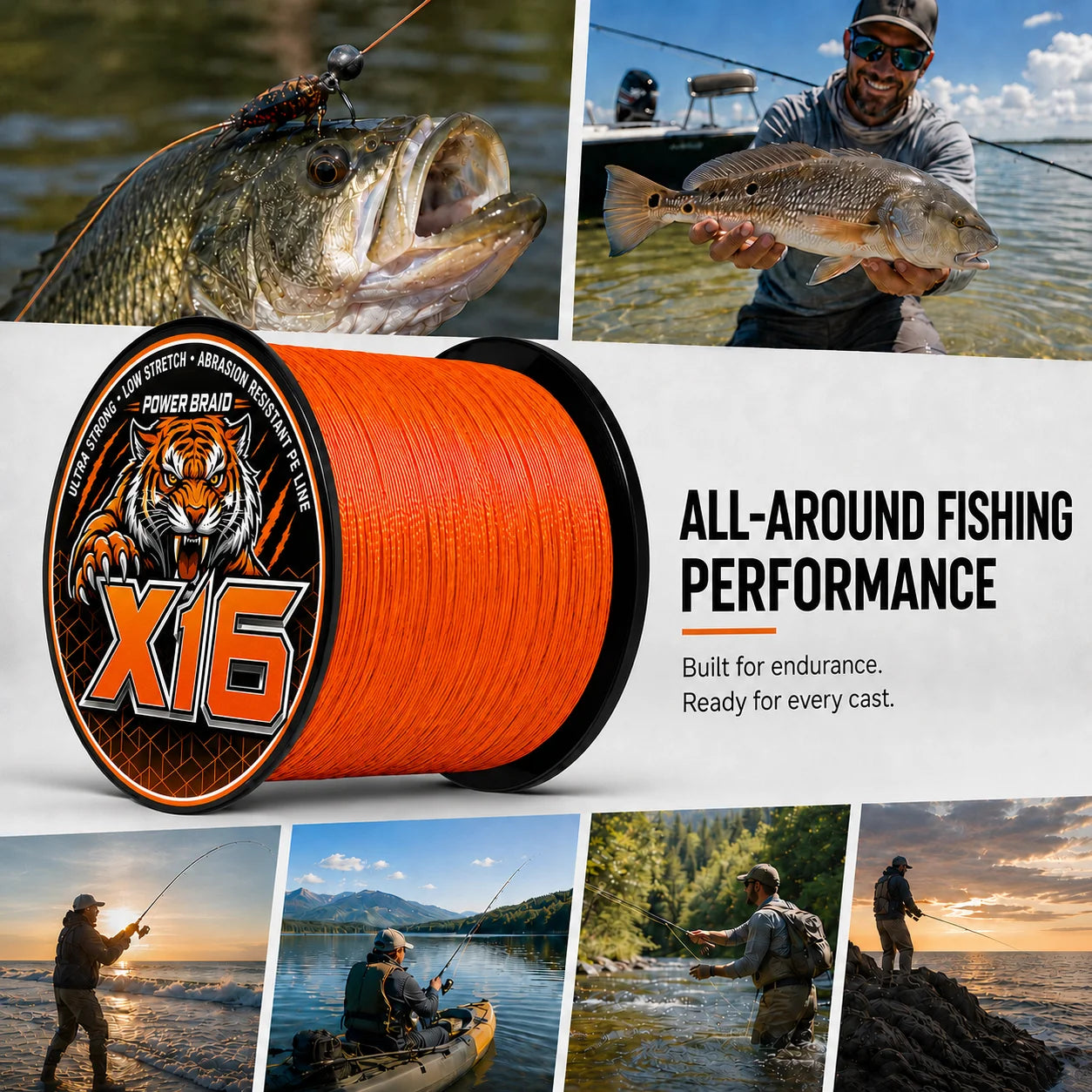 300M/328YDS New X16 Orange PE Braided Fishing Line, Heavy-Duty High-Density Braid for Saltwater & Freshwater