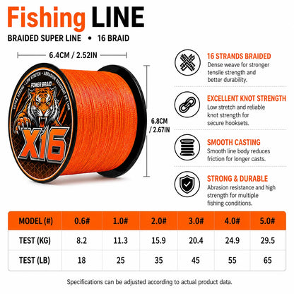 300M/328YDS New X16 Orange PE Braided Fishing Line, Heavy-Duty High-Density Braid for Saltwater & Freshwater
