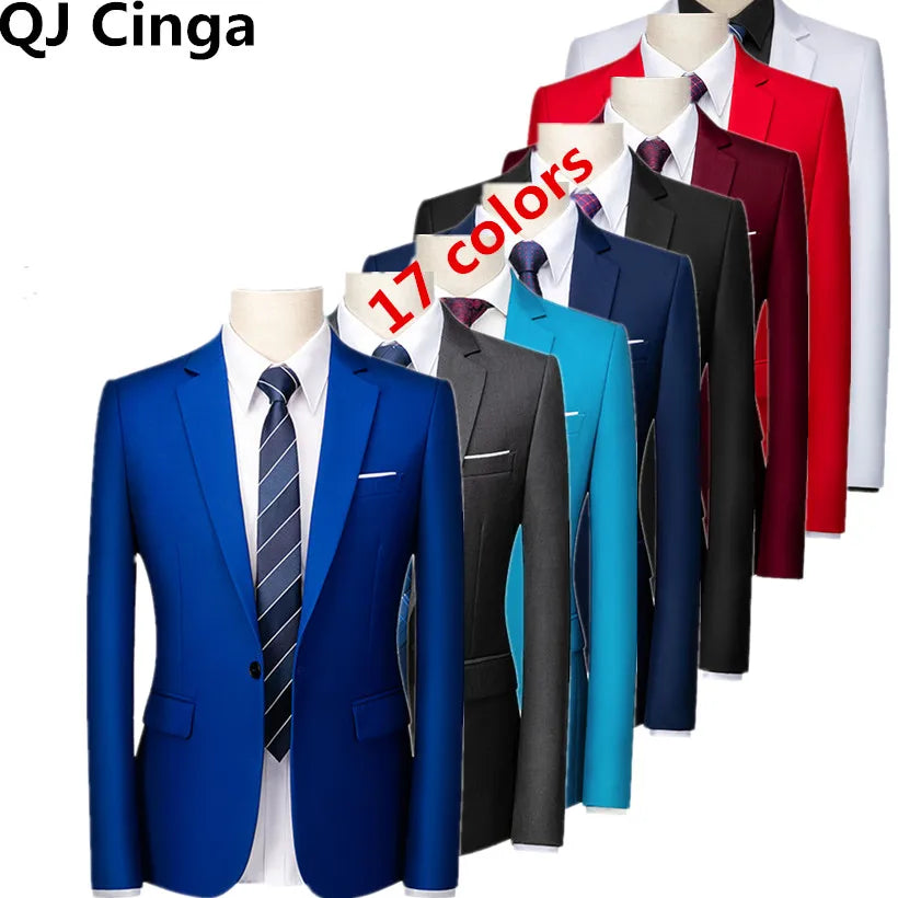 2026 New Men's Blue Suit Jacket, Single Button V-neck Dress Coat, Black Red Men Slim Blazer Spring Autumn Terno Masculino