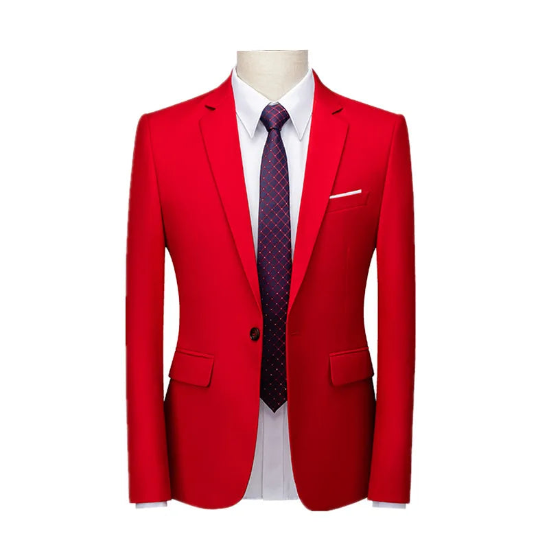 2026 New Men's Blue Suit Jacket, Single Button V-neck Dress Coat, Black Red Men Slim Blazer Spring Autumn Terno Masculino