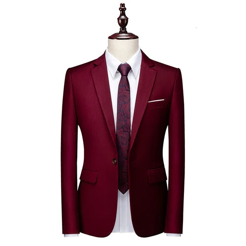 2026 New Men's Blue Suit Jacket, Single Button V-neck Dress Coat, Black Red Men Slim Blazer Spring Autumn Terno Masculino
