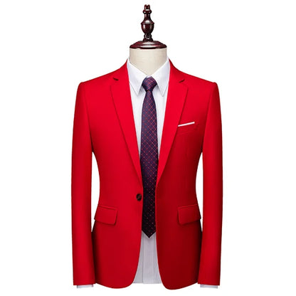 2026 New Men's Blue Suit Jacket, Single Button V-neck Dress Coat, Black Red Men Slim Blazer Spring Autumn Terno Masculino