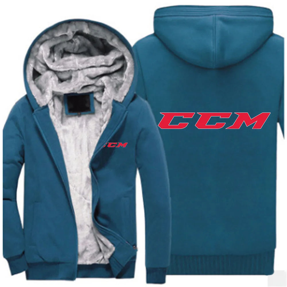 CCM Men's Winter Hoodies Thickened Warm Coat 2023 New Men Casual Coat Fashion Zipper Solid Color Fleece Long Sleeve Jacket Top